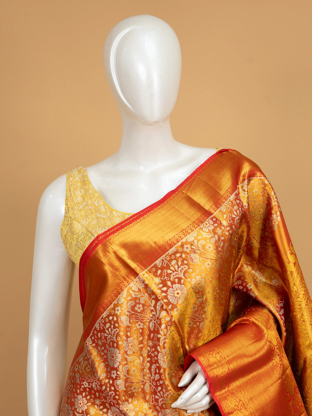 Mustard gold pure Kanchipuram silk saree with floral zari jaal body and contrast red gold zari border
