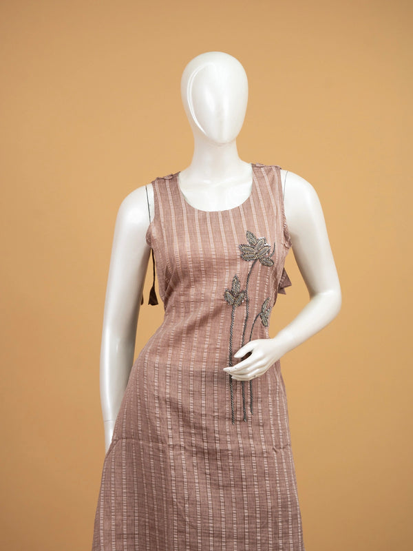 Dusty mauve striped cotton sleeveless straight cut kurti set with beaded floral embroidery and matching pants