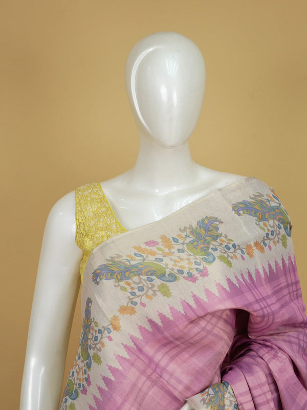 Pink and cream linen cotton saree with checked body, temple border and Kalamkari peacock pallu