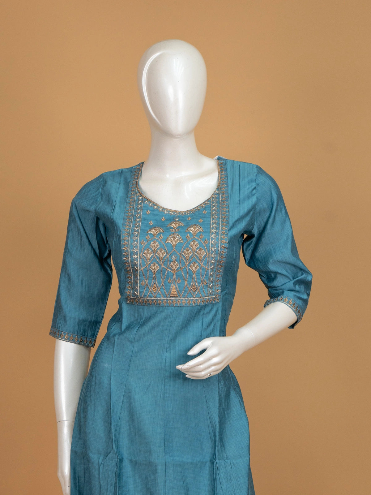 Teal Blue zari embroidered Anarkali kurti top with gold floral yoke work