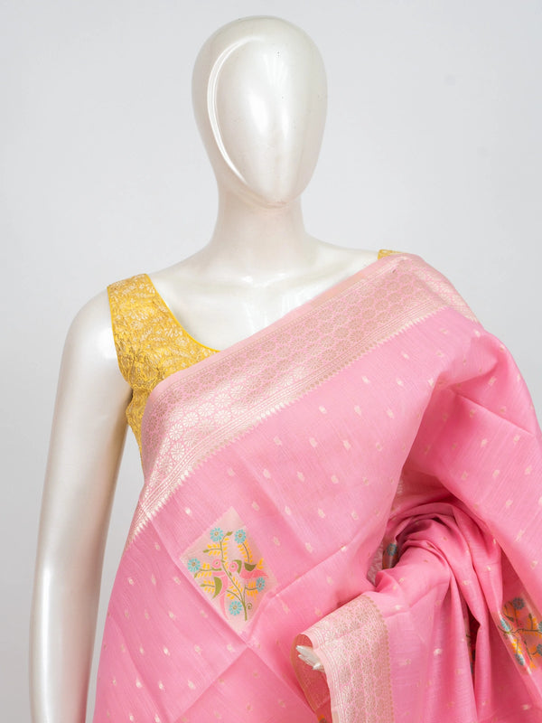 Pink linen cotton saree with gold zari border, floral motifs and tasselled pallu