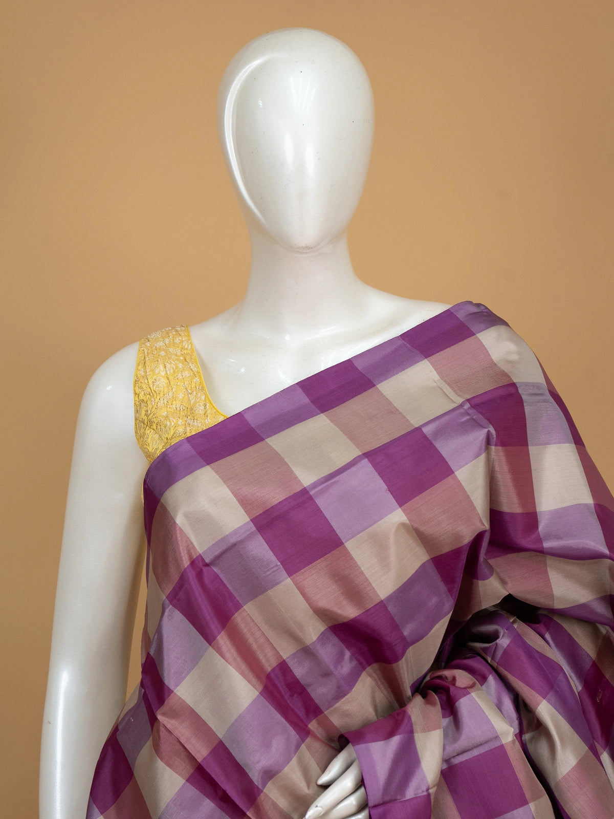 Purple and beige checked banana silk saree with gold zari pallu and magenta border