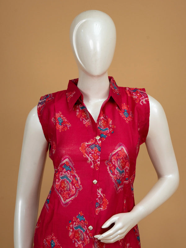 Red Ikat printed cotton sleeveless shirt-collar co-ord kurti set with palazzo pants and beige dupatta