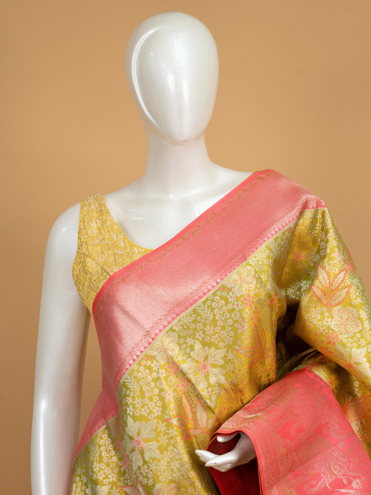 Mehendi green Pure Kanchipuram silk saree with pink contrast zari border and elephant motifs