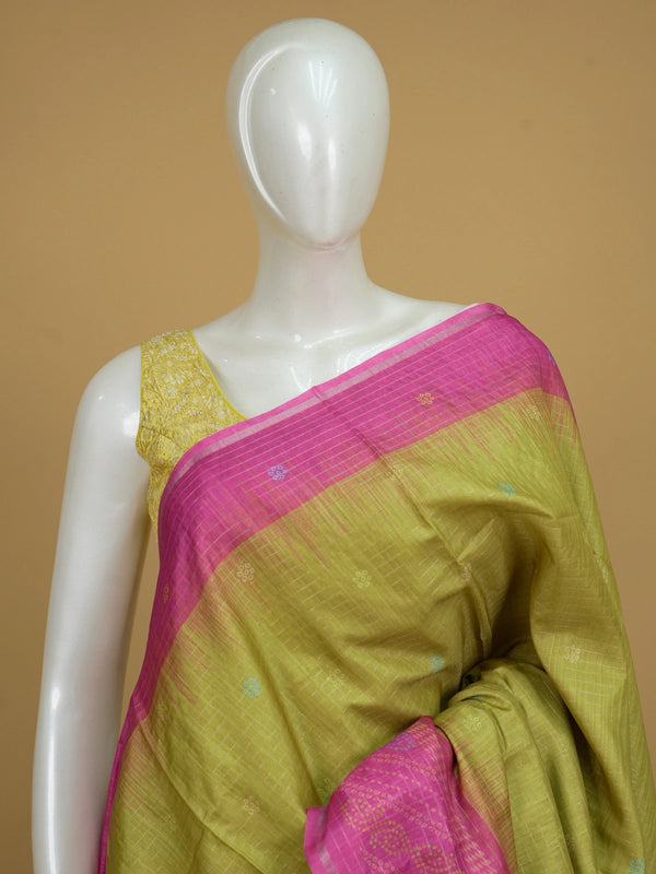 Lime green Dola silk saree with pink contrast border, zari checks and bandhani-inspired pallu