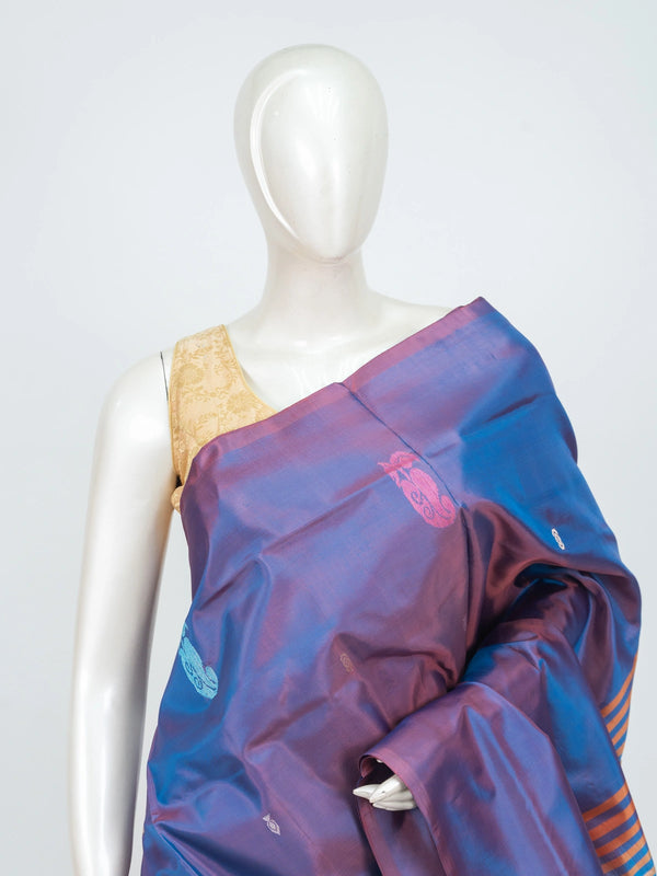 Blue and purple iridescent banana silk saree with woven buttas and contrast striped peach pallu