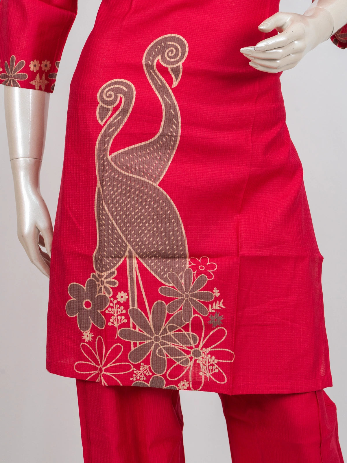 Red cotton co-ord kurti set with crane and floral placement print and matching straight pants
