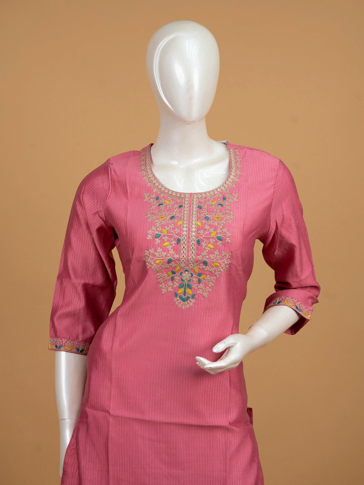 Pink floral embroidered cotton straight-cut kurti top with mirror and sequin yoke work