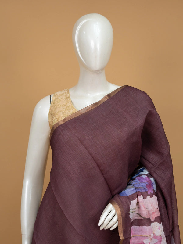 Mauve brown linen cotton saree with watercolour floral pallu and gold zari border
