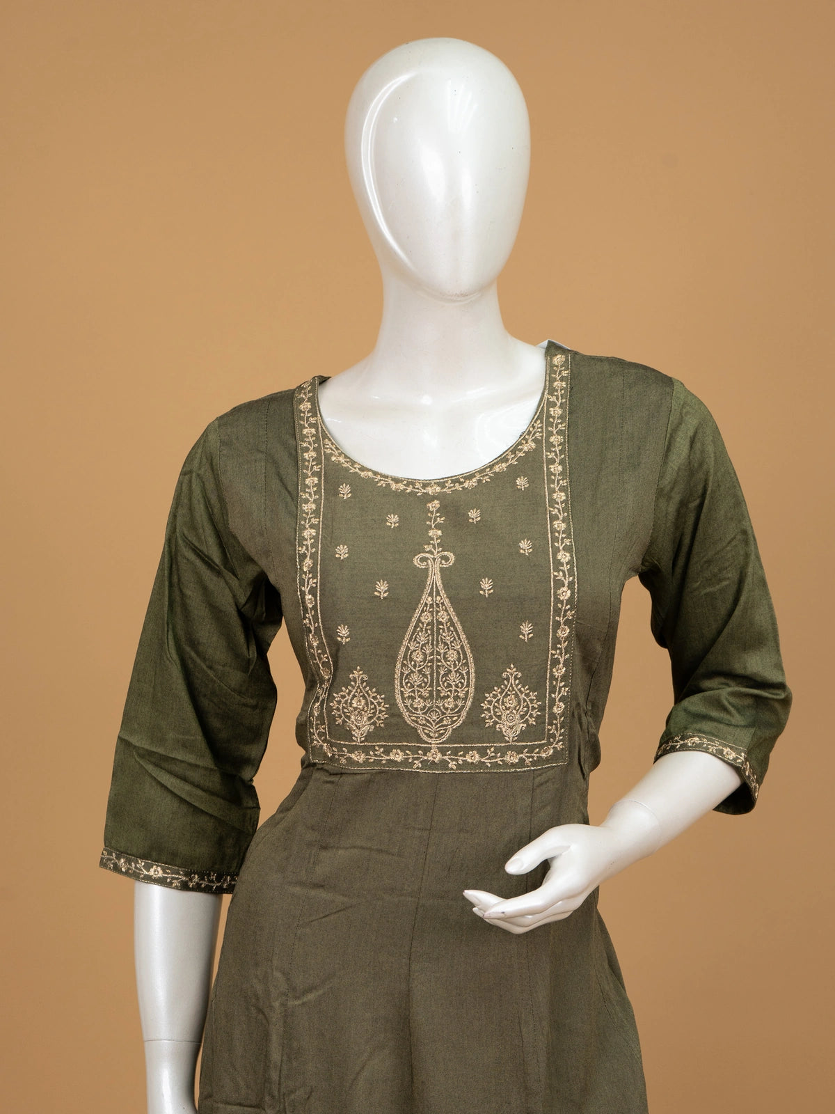 Olive green Zari embroidered Anarkali kurti top with gold yoke work and 3/4 sleeves