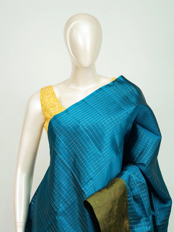 Peacock blue Kanchipuram pure mix saree with gold zari checks and olive green contrast zari border and pallu