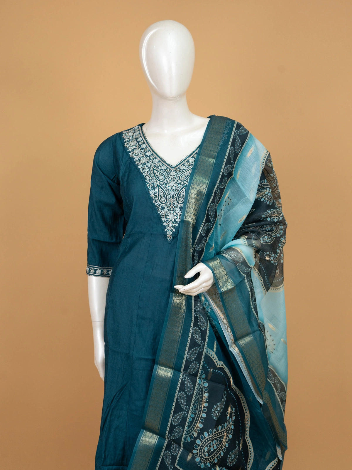 Teal cotton silk paisley embroidered A-Line kurti set with printed dupatta and matching pants
