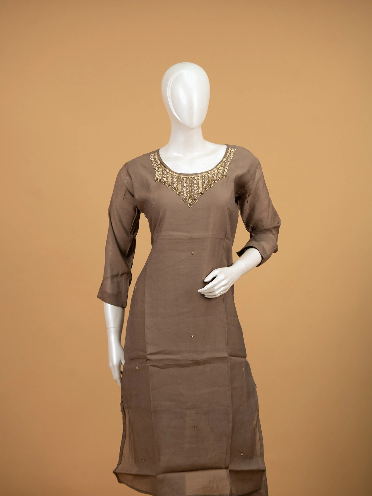 Taupe Brown embellished neckline cotton silk straight cut kurti set with zari woven dupatta