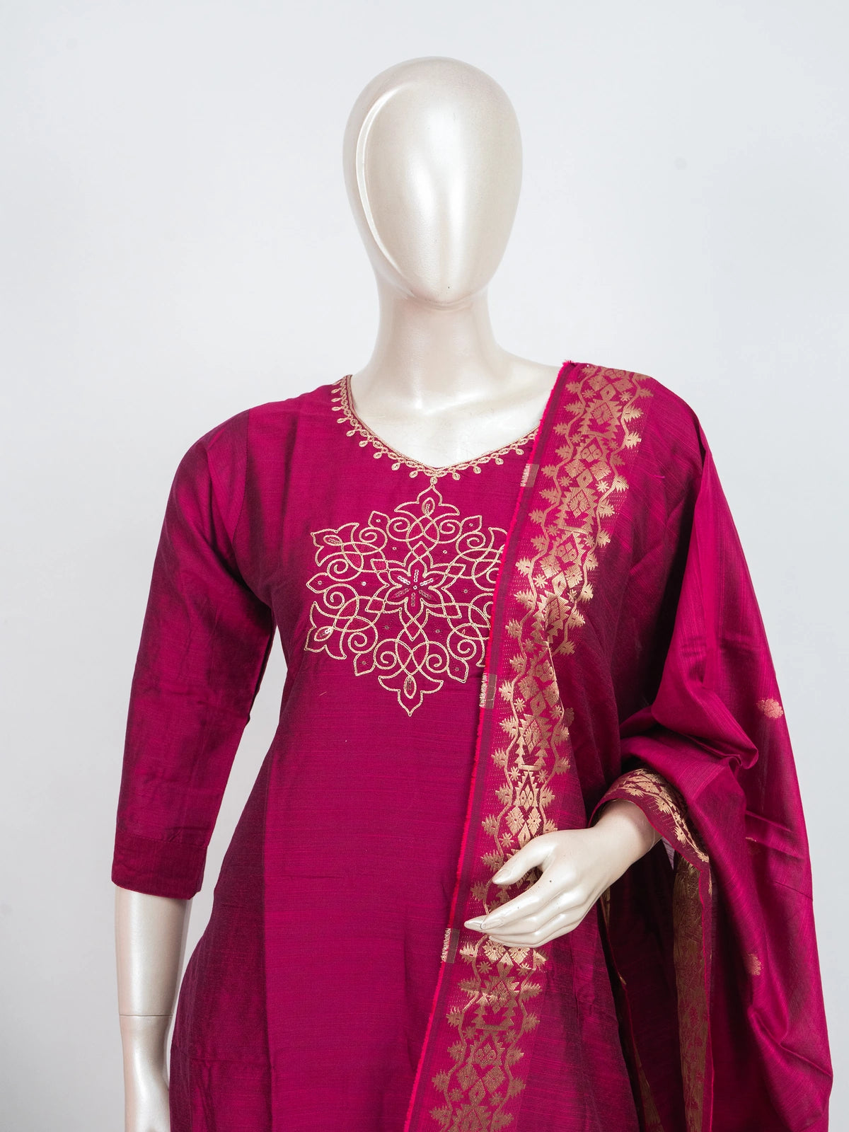Rani Pink art silk zari embroidered straight cut kurti set with matching pants and gold-bordered dupatta