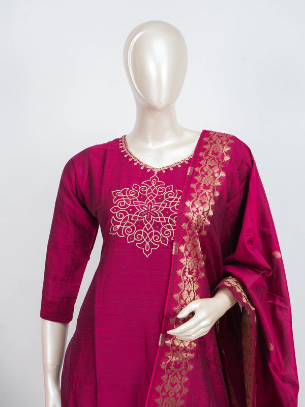 Rani Pink art silk zari embroidered straight cut kurti set with matching pants and gold-bordered dupatta