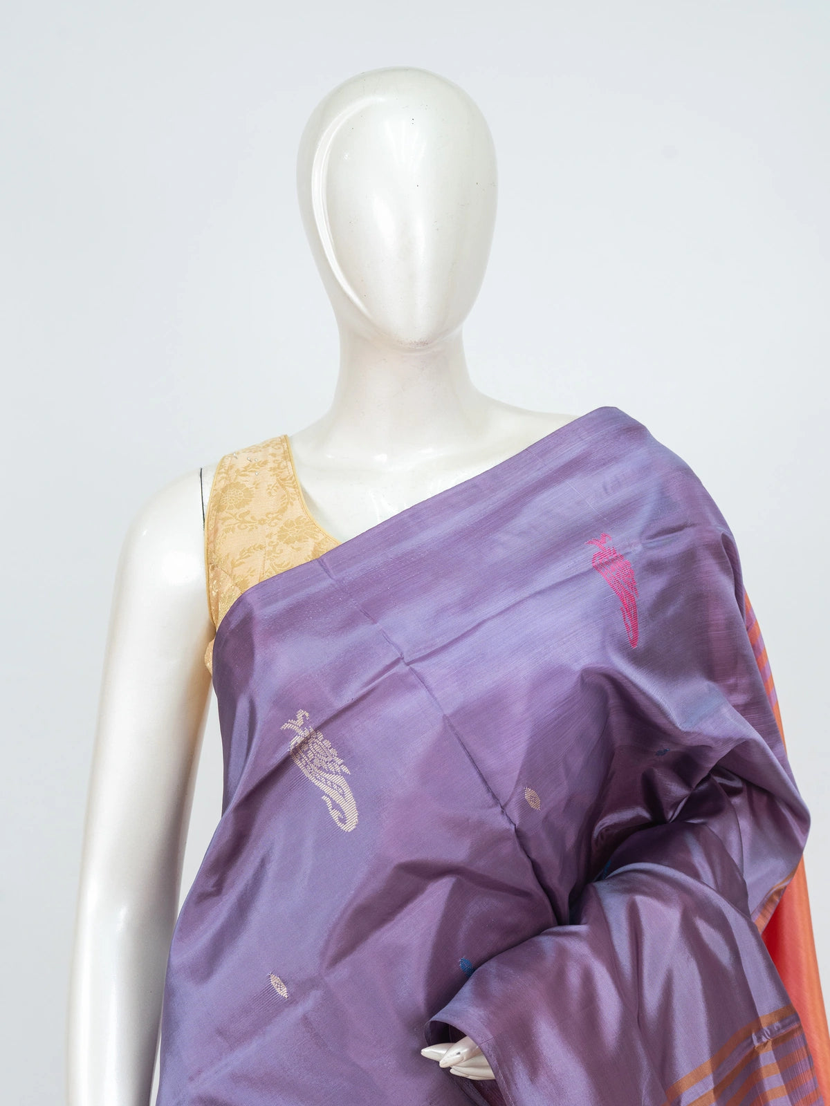 Lavender purple banana silk saree with peach pallu, paisley buttas and slim zari border