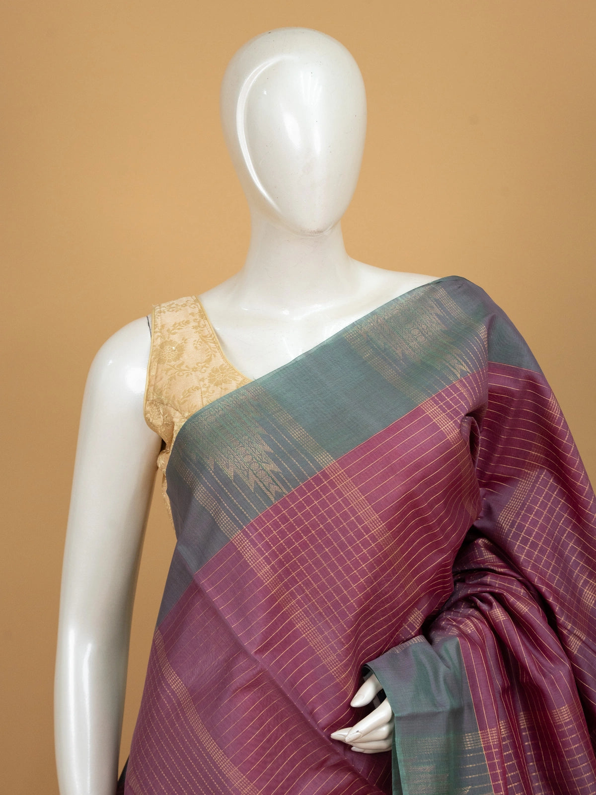 Magenta pure silk cotton saree with gold zari checks and grey-green contrast zari border