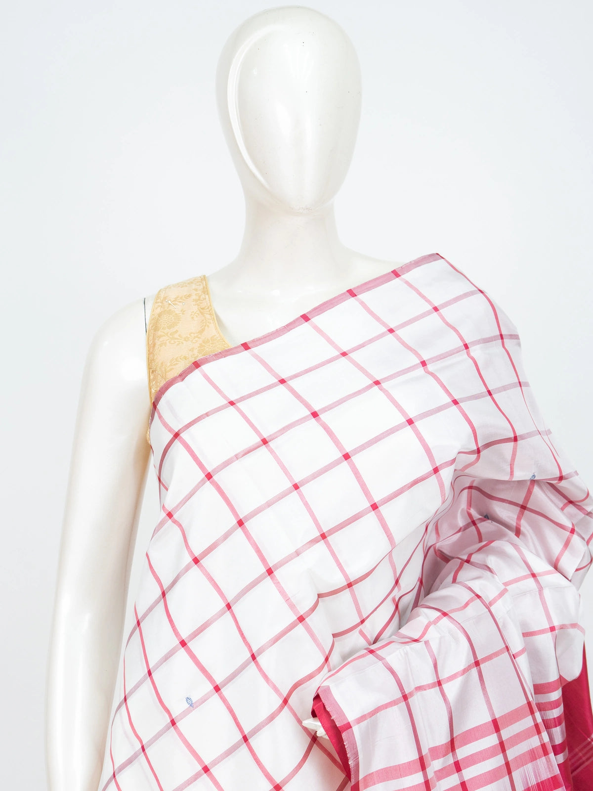 White Banana Silk saree with red windowpane checks and contrast pink-red zari pallu