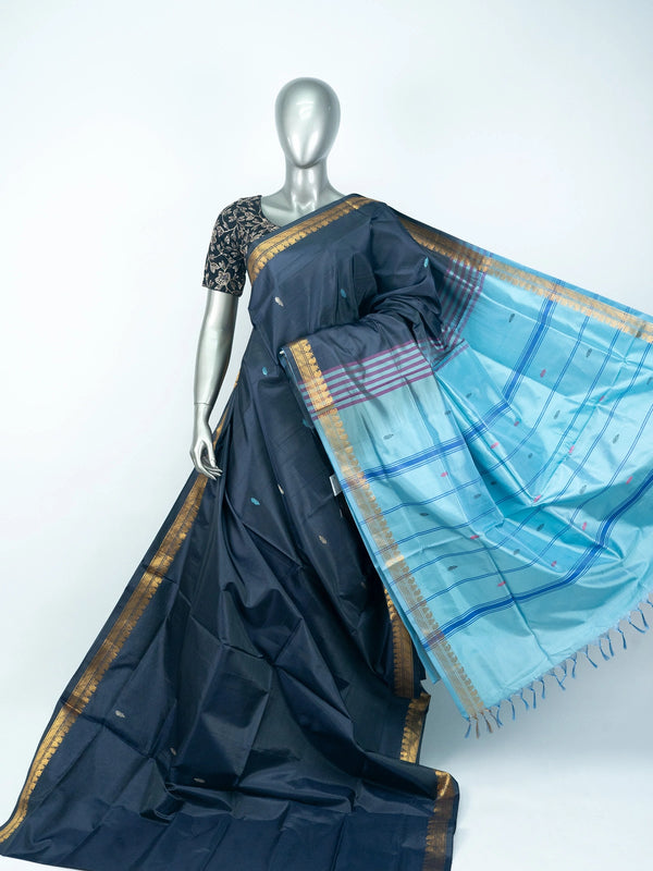Navy blue Banana Silk saree with sky blue contrast pallu and gold zari border