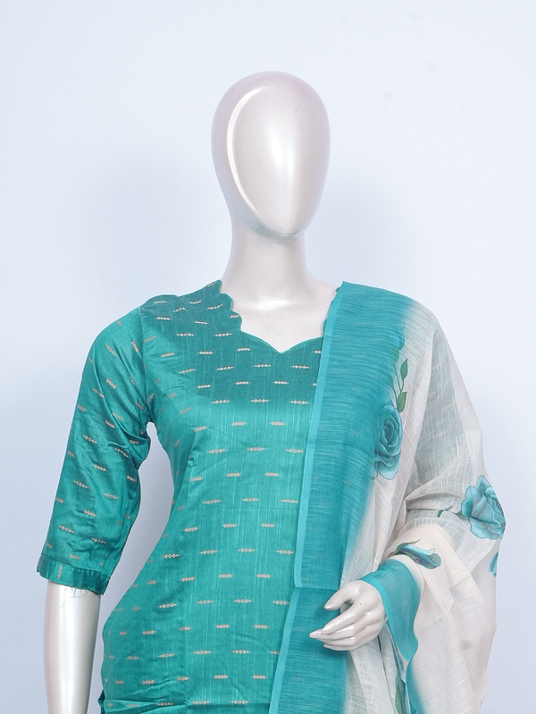 Teal green straight kurti set with woven motifs and off-white floral printed dupatta