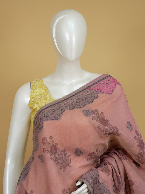 Dusty pink linen cotton saree with grey border, floral buttas and pink deer motif pallu