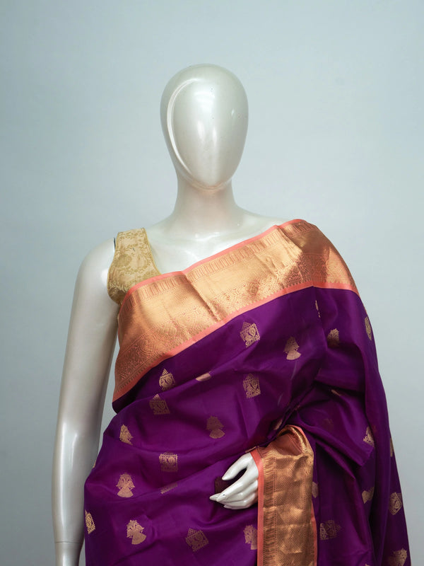 Purple pure Kanchipuram silk saree with contrast peach gold zari border and buttas