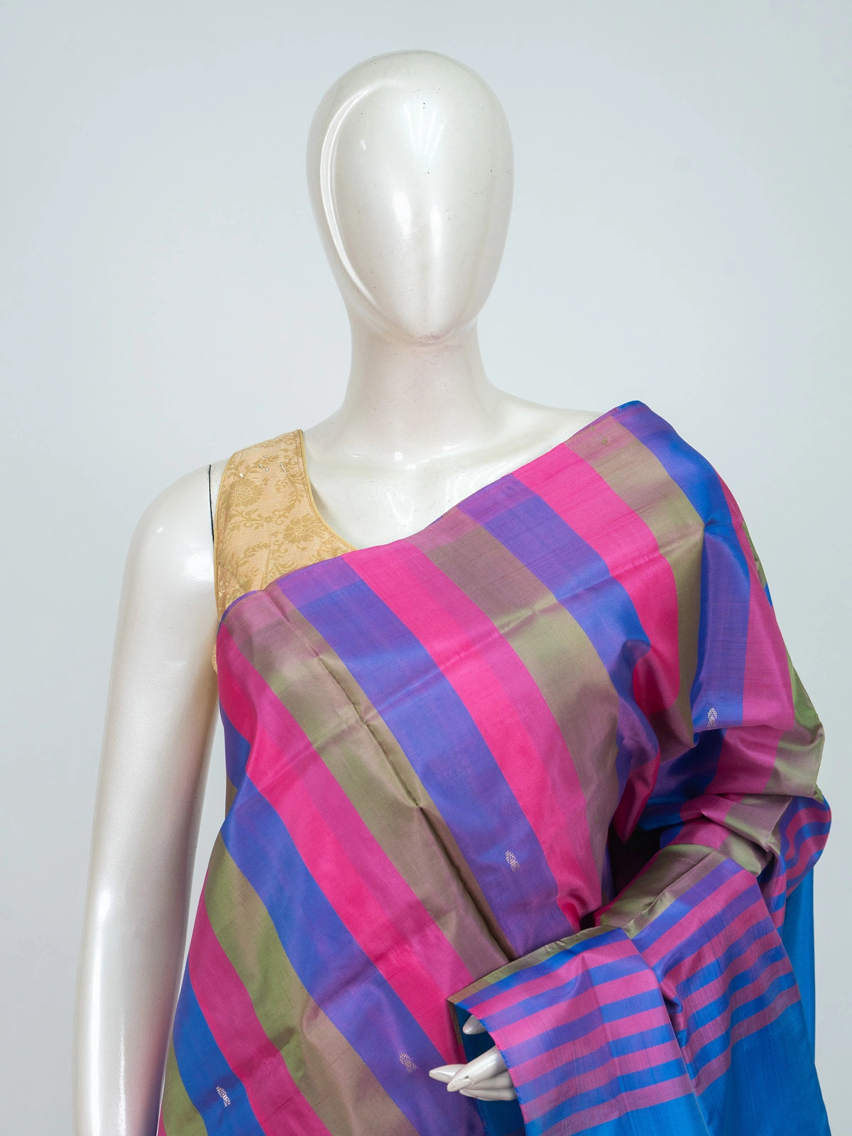 Multicolour checked banana silk saree with contrast blue pallu and silver woven motifs
