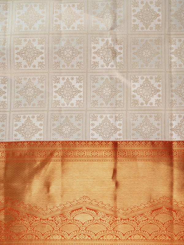 Cream Pure Kanchipuram silk saree with gold zari checkerboard body and contrast orange zari border