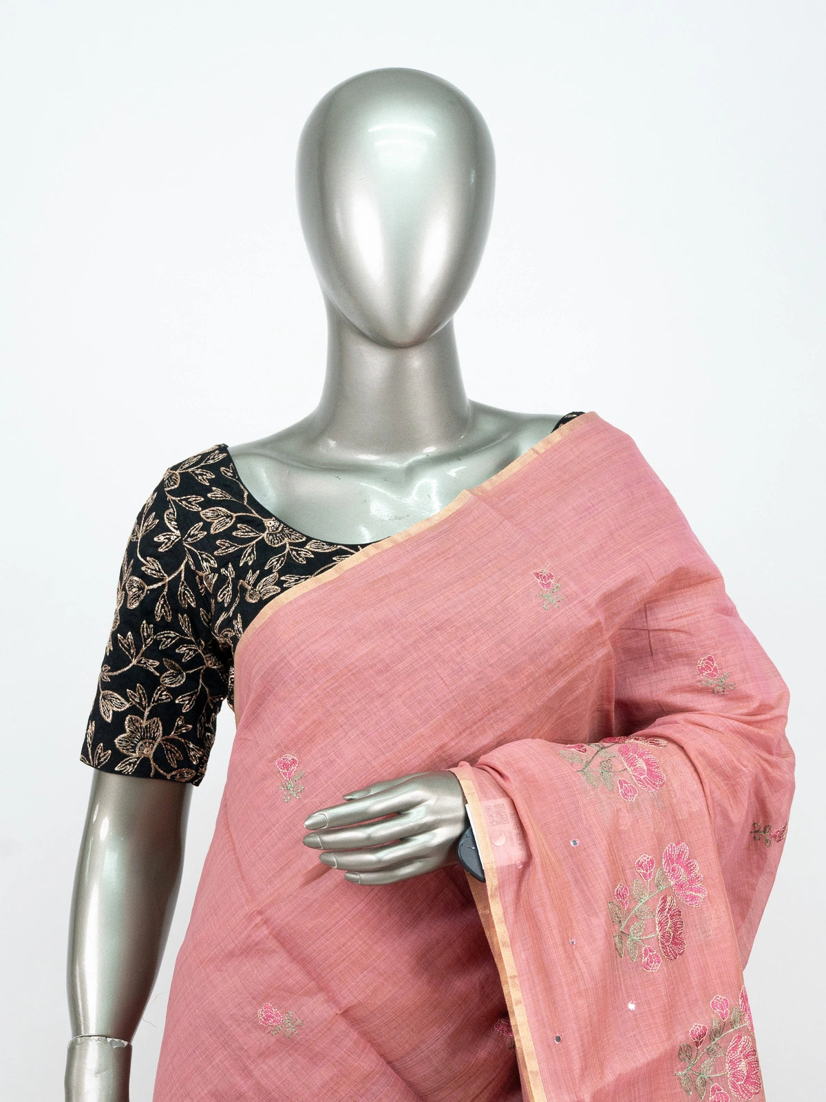 Dusty rose pink linen cotton saree with floral embroidery, sequin work, gold border and tasselled pallu