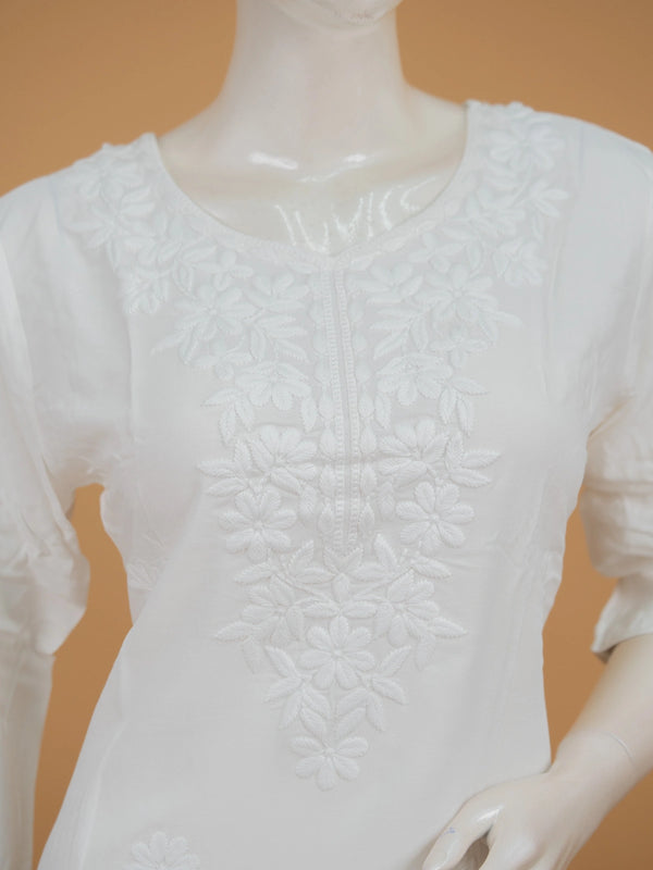 White cotton Chikankari embroidered straight cut kurti set with palazzo pants and dupatta