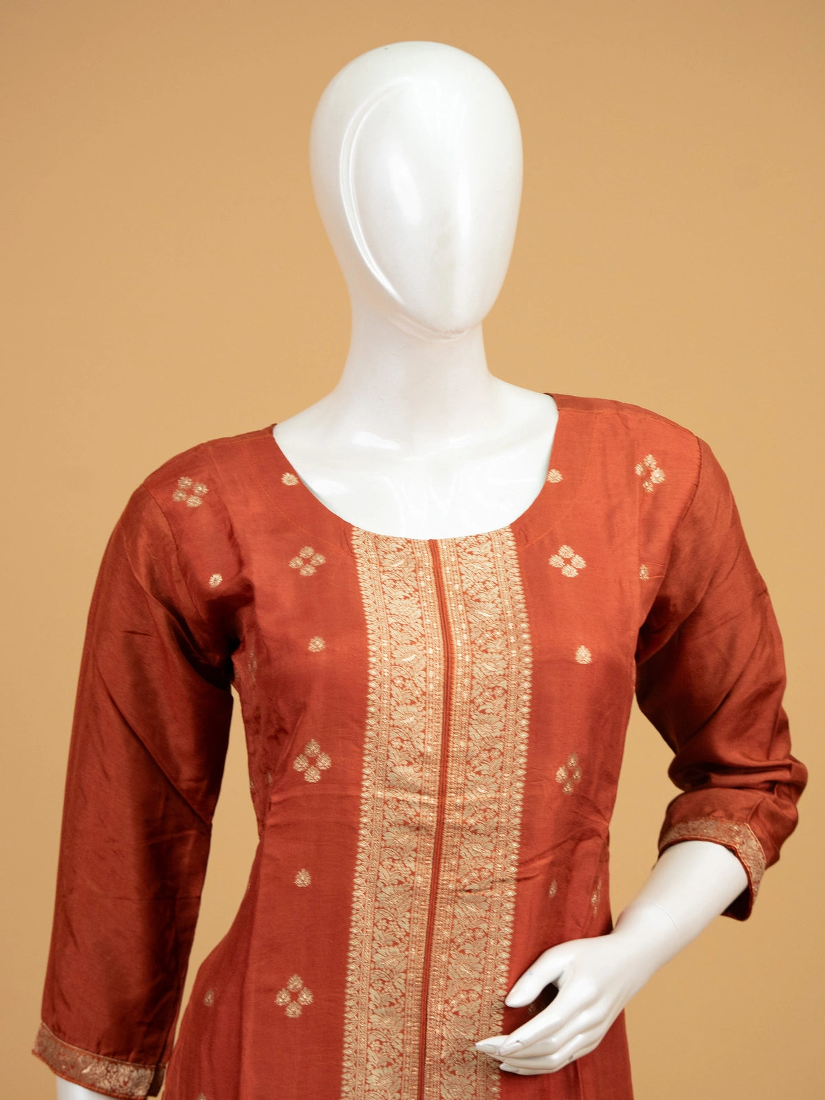 Rust Banarasi silk zari woven straight cut kurti set with matching pants and dupatta
