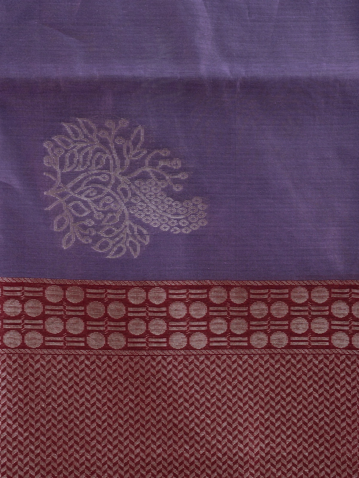 Dusty purple silk cotton saree with silver zari buttas and contrast maroon zari border and pallu