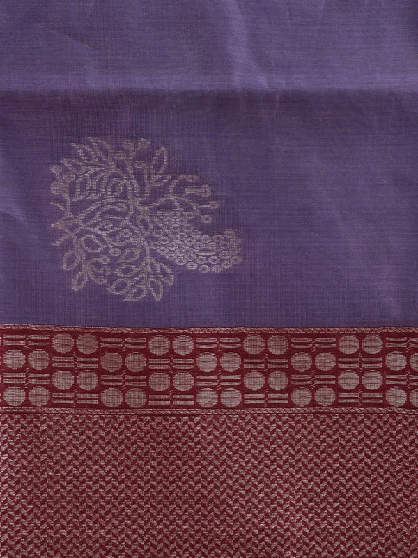 Dusty purple silk cotton saree with silver zari buttas and contrast maroon zari border and pallu