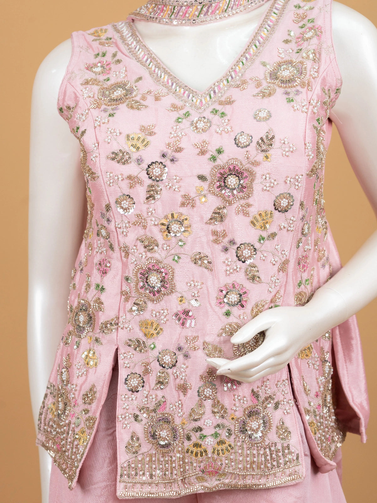Pink floral embroidered art silk straight cut kurti set with palazzo pants and dupatta