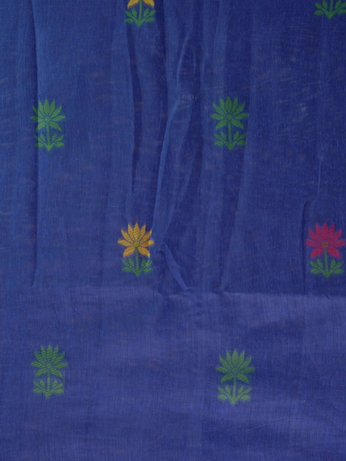 Royal blue linen cotton saree with multicolour woven floral motifs and a floral vine pallu