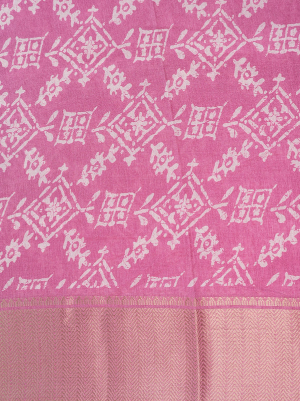 Pink and white batik print cotton designer saree with gold zari border