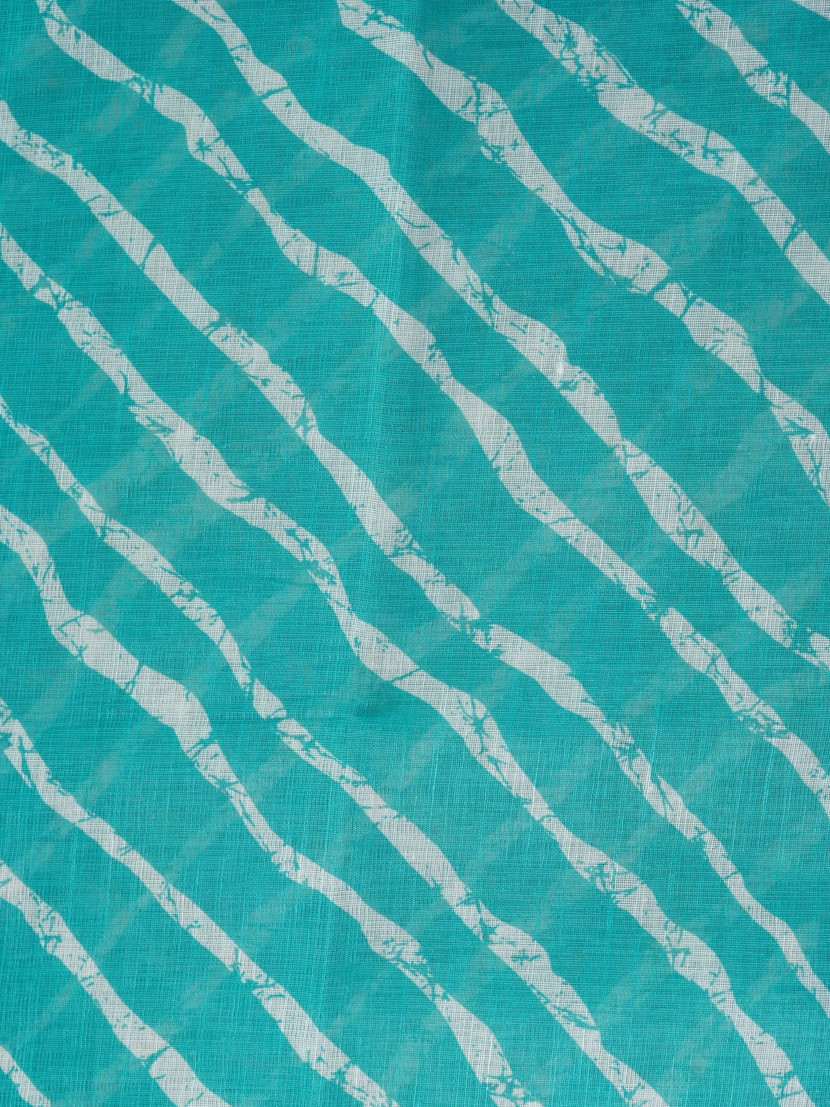 Teal and white leheriya printed linen cotton saree with floral pallu and gold border