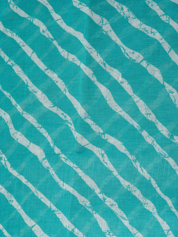 Teal and white leheriya printed linen cotton saree with floral pallu and gold border