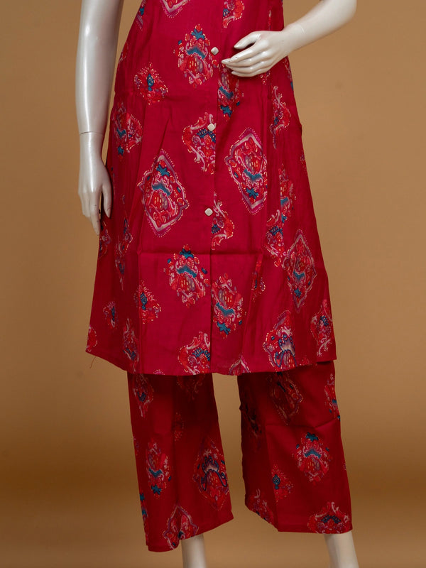 Red Ikat printed cotton sleeveless shirt-collar co-ord kurti set with palazzo pants and beige dupatta