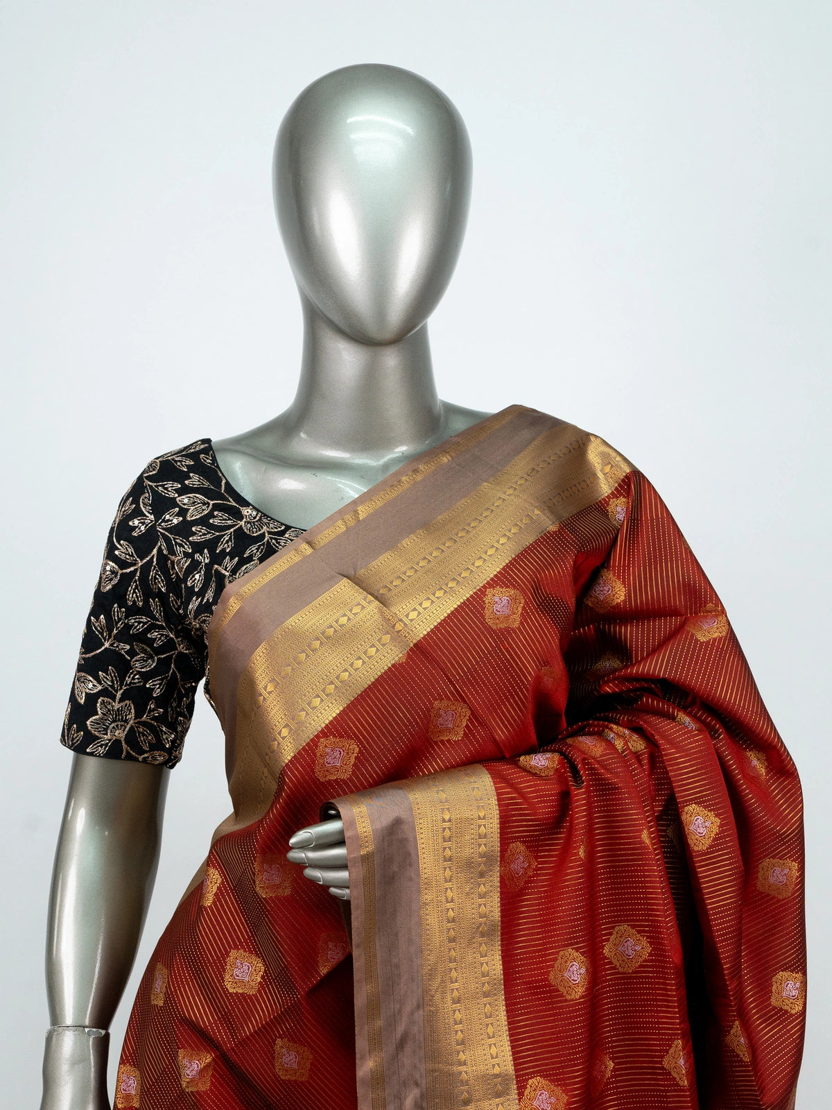 Maroon and gold Vaira Oosi Design semi silk saree with zari buti motifs, gold border and contrast beige pallu
