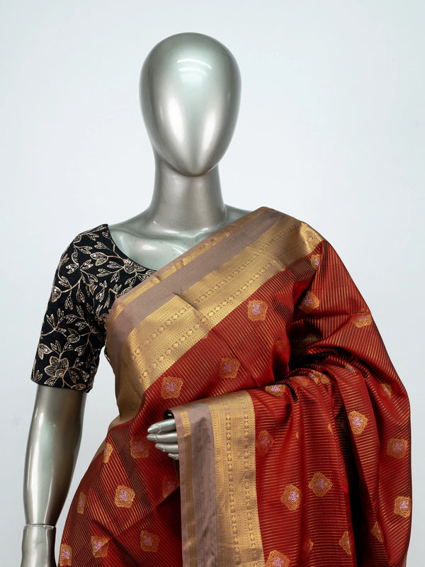 Maroon and gold Vaira Oosi Design semi silk saree with zari buti motifs, gold border and contrast beige pallu