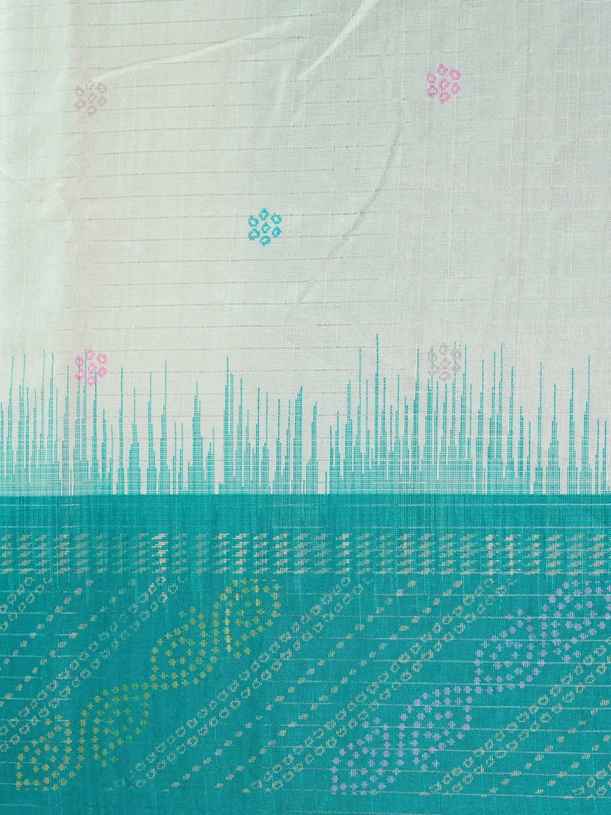 Cream and teal Dola silk saree with contrast temple border, floral buttas and patterned pallu