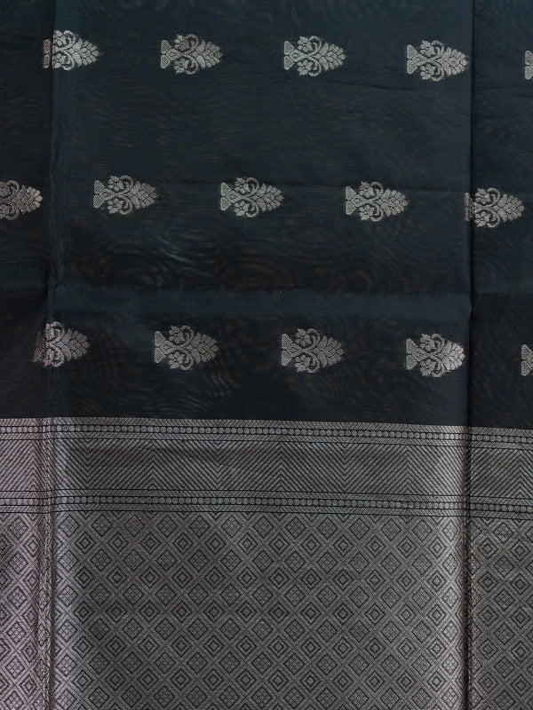 Black silk cotton saree with silver zari floral buttas and diamond-woven contrast pallu and border