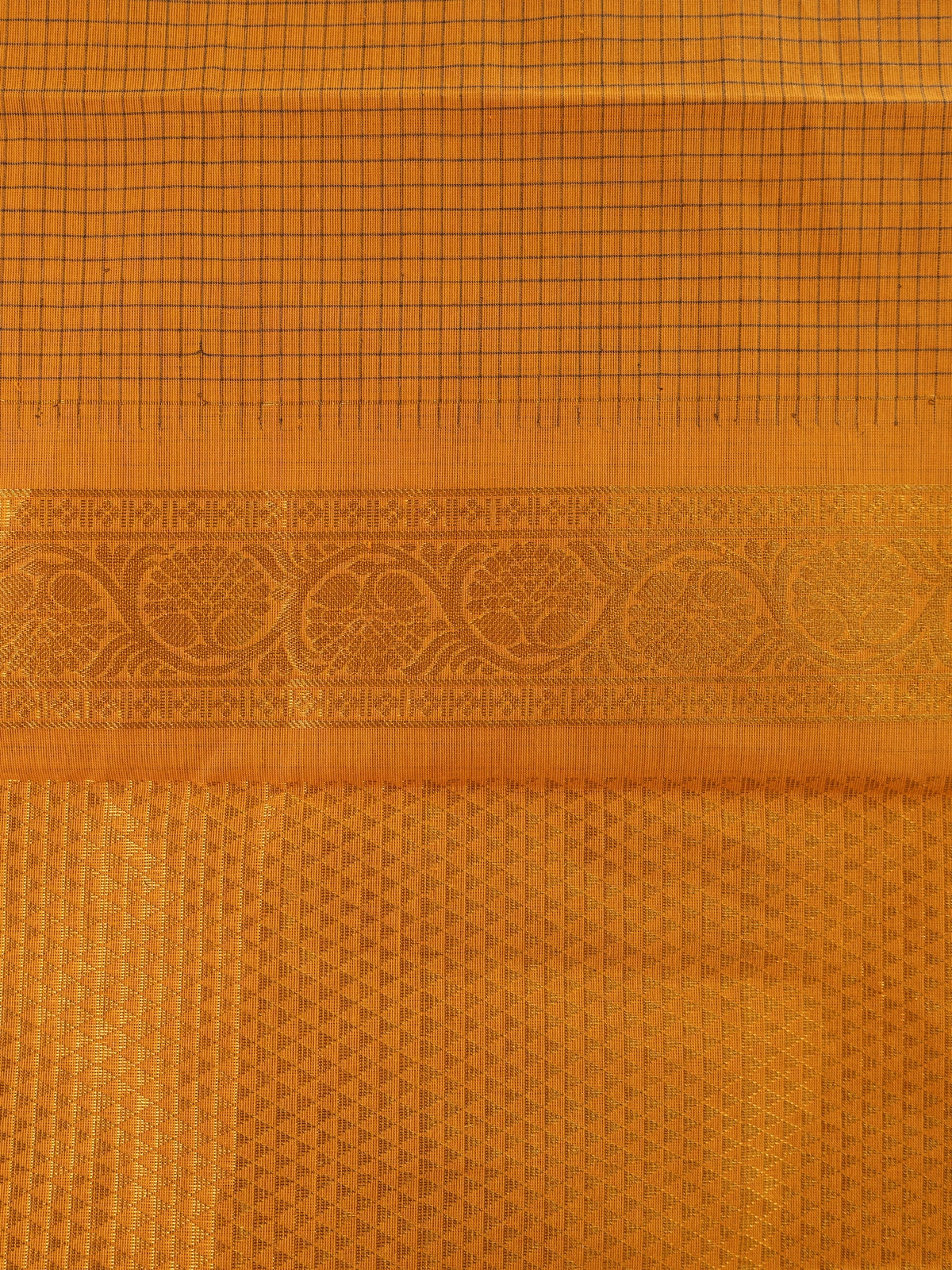Mustard yellow Chettinad cotton saree with woven checks and contrast olive-brown gold zari border