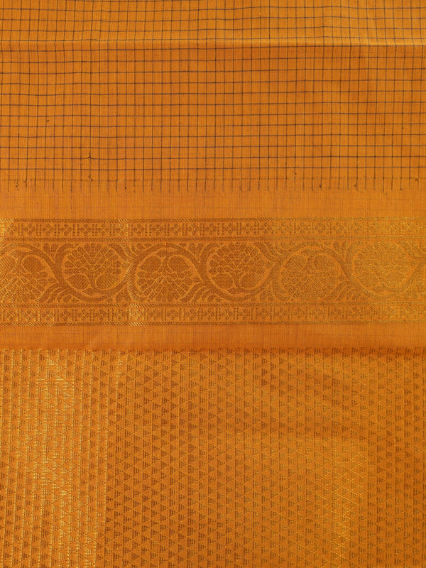 Mustard yellow Chettinad cotton saree with woven checks and contrast olive-brown gold zari border