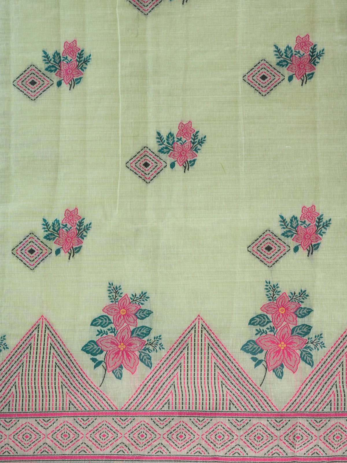 Pastel green linen cotton saree with pink floral print and geometric contrast border