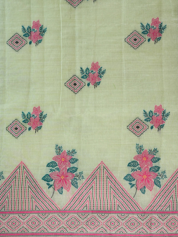 Pastel green linen cotton saree with pink floral print and geometric contrast border