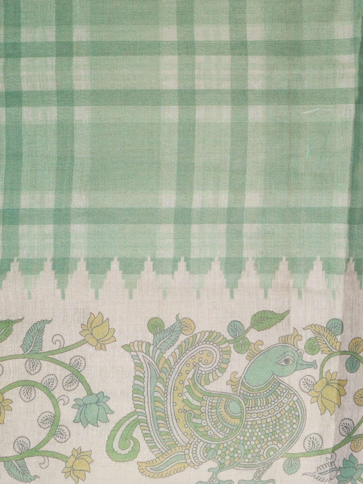Sea green and cream linen cotton saree with checked body and Kalamkari peacock floral pallu