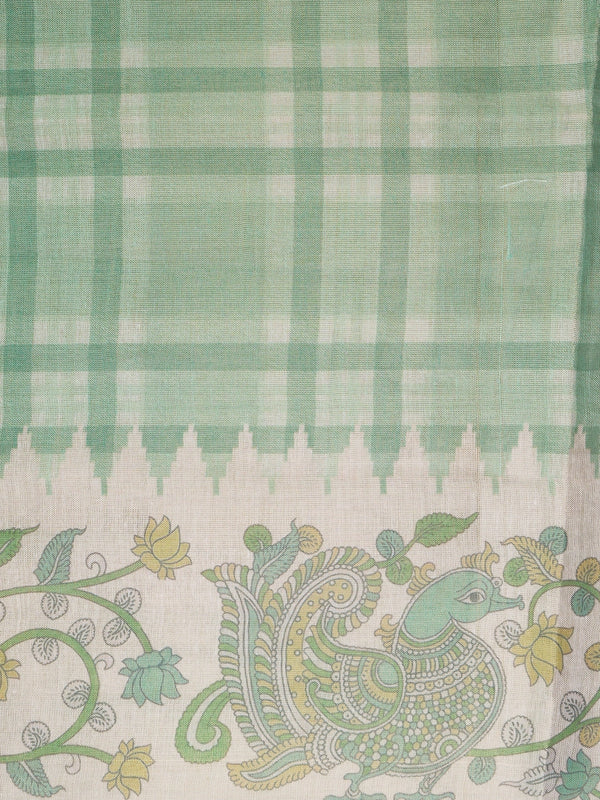 Sea green and cream linen cotton saree with checked body and Kalamkari peacock floral pallu