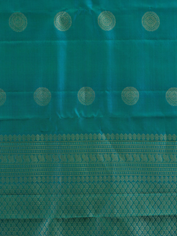 Peacock teal pure Kanchipuram silk saree with gold zari chakra buttas and contrast zari border